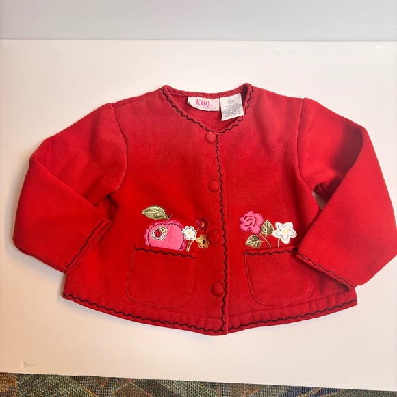 KHQ Sportswear Other - Vintage KHQ Sportswear Girls Red Embroidered Floral Apple Button Up Cardigan 4T